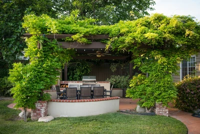 Pergola mit üppigem Blauregen-Bewuchs über einer gemütlichen Sitz- und Grillecke im Garten.