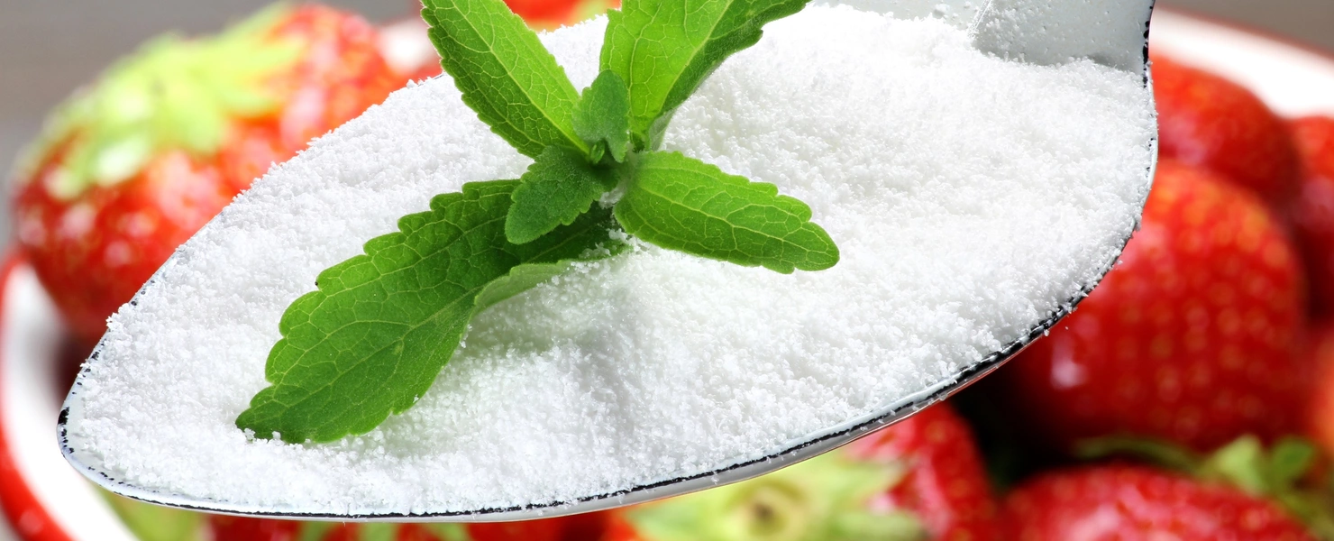 Ein Löffel mit weißem Pulver liegt neben frischen Erdbeeren. Ein grünes Blatt des Süßkrauts (Stevia rebaudiana) ist auf dem Pulver, was eine natürliche Süßungsoption hervorhebt.