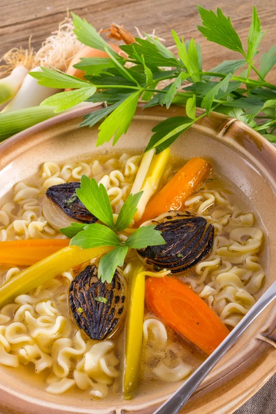 Eine Schüssel mit Nudelsuppe, garniert mit Möhren, Lauch, gerösteter Zwiebel und frischem Liebstöckel. Im Hintergrund liegen weitere Zutaten wie Lauch und Liebstöckelblätter auf einem Holztisch.