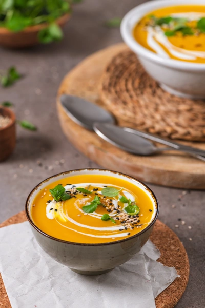 Eine Schüssel mit Kürbissuppe, garniert mit frischer Brunnenkresse (Nasturtium officinale), Sahne und Pfeffer. Serviert in einem rustikalen Schälchen auf einem strukturierten Untersetzer.