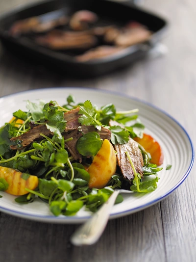 Ein Teller mit frischem Brunnenkresse (Nasturtium officinale) Salat, der mit gegrilltem Gemüse und einem Stück Fleisch garniert ist. Die grünen Blätter der Brunnenkresse fügen dem Gericht eine frische und würzige Note hinzu.