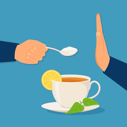 Illustration auf blauem Hintergrund: Eine Hand hält einen Löffel mit Zucker über einer Teetasse mit Zitrone und Minzblättern. Eine zweite Hand hebt sich in einer ‚Stopp‘-Geste, als Zeichen der Ablehnung von Zucker.