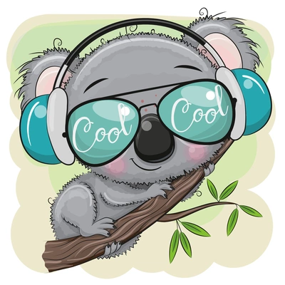 llustration eines niedlichen Koalas mit Sonnenbrille und großen blauen Kopfhörern, der entspannt auf einem Ast mit grünen Blättern sitzt. Die Gläser der Brille reflektieren das Wort „Cool“, während der Hintergrund in sanften Pastellfarben gehalten ist.
