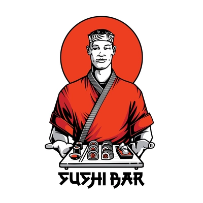 Ein Illustrationsbild zeigt einen Mann in einem roten Kimono, der ein Sushi-Tablett trägt. Der Hintergrund zeigt eine rote Sonne im japanischen Stil, und der Text „SUSHI BAR“ ist unterhalb des Bildes zu sehen.
