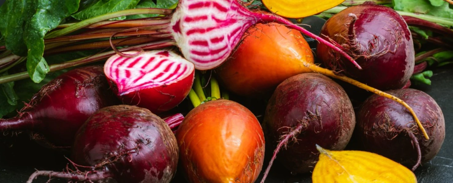 Rote Beete in verschiedenen Farben, darunter rot, gelb und gestreift.