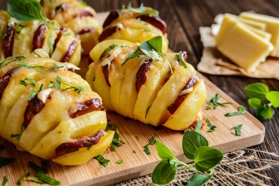 Mehrere Hasselback-Kartoffeln mit geschmolzenem Käse und Kräutern liegen auf einem Holzbrett. Daneben sind frische Oreganoblätter und ein Stück Butter auf einem Papier zu sehen.