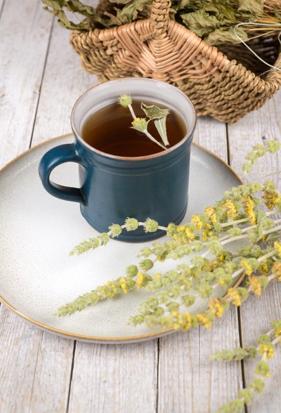 Eine dunkelblaue Tasse mit frisch aufgebrühtem griechischem Bergtee steht auf einem weißen Teller. Daneben liegen getrocknete Bergtee-Zweige, im Hintergrund ein geflochtener Korb mit Kräutern.