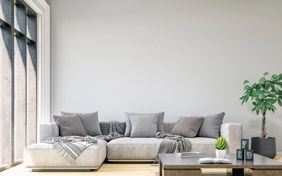Helles, modernes Wohnzimmer mit grauer Eckcouch, Holztisch und einer Glückskastanie.