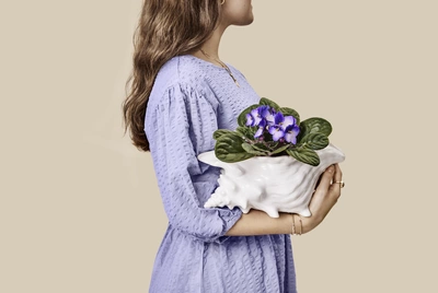 Auf dem Bild hält eine Frau in einem lavendelfarbenen Kleid ein Usambaraveilchen in einem weißen Keramiktopf. Die Pflanze hat leuchtend violette Blüten und dunkelgrüne Blätter, die einen schönen Kontrast zu ihrem Outfit und dem neutralen Hintergrund bilden.