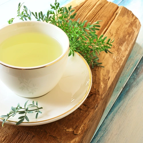 Eine weiße Teetasse mit goldener Verzierung, gefüllt mit gelblichem Weinrautentee, steht auf einer Untertasse auf einem rustikalen Holzbrett. Daneben liegen frische Zweige der Weinraute.