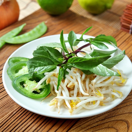 Ein Teller mit frischen Sprossen, grünen Chilischoten und vietnamesischem Koriander (Coriandrum sativum) ist angerichtet, umgeben von Limetten und asiatischen Essstäbchen auf einem Holztisch.